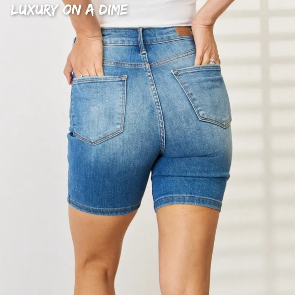 Judy Blue Tummy Control High Rise Retro Double Button Waist Denim Jean Shorts - Picture 5 of 13
